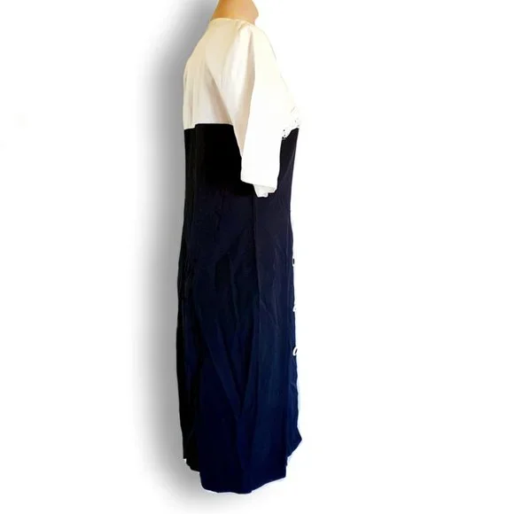 Vintage 80s White + black button up shirt dress with shoulder pads fit AU 10-14 - Picture 5 of 7